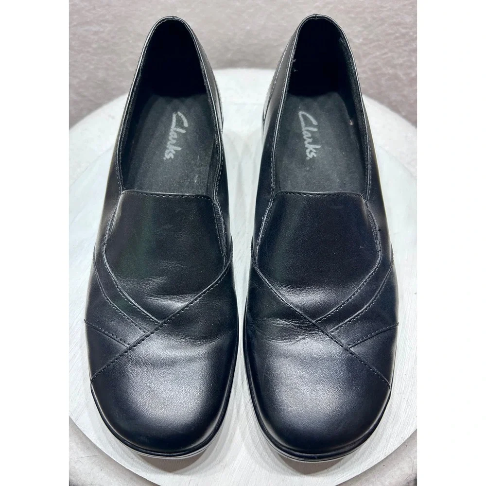 Clarks Womens Black Leather Slip On Loafers Wedge Shoes 8.5M 84629
